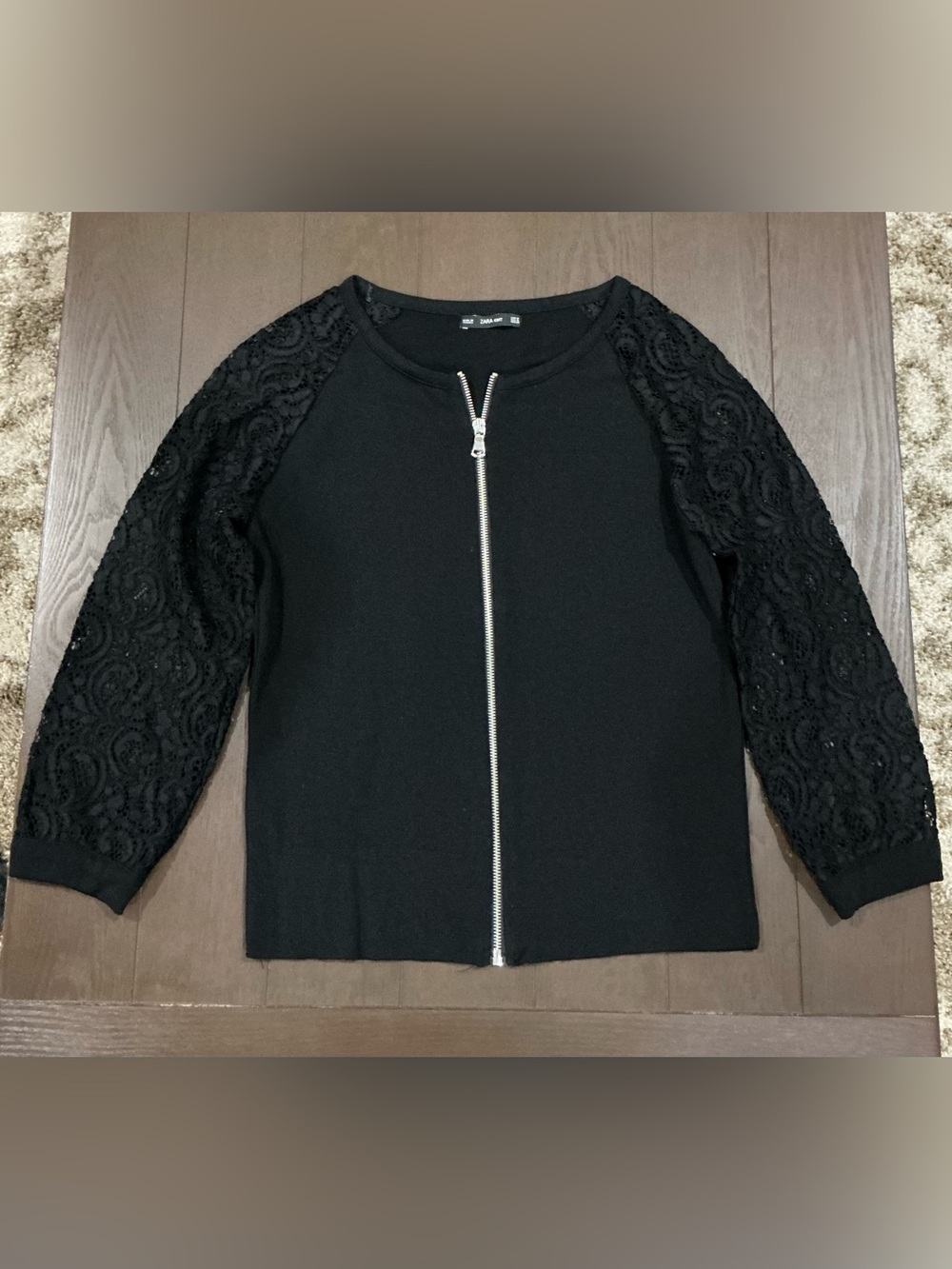 Zara Black Lace-Sleeve Zip Front Women's Top
